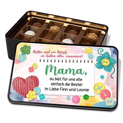 Pralinendose für Mama personalisiert mit eigener Widmung „Mütter sind wie Knöpfe“ – Metalldose mit 12 Pralinen – Schokolade Geschenk - Geschenkidee für Mutter zum Geburtstag & Muttertag & Weihnachten von True Statements