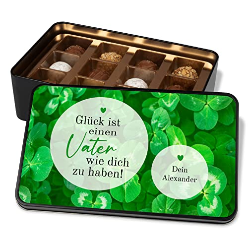 Pralinendose für Papa personalisiert mit Namen „Glück ist einen Vater wie dich zu haben!“ – Schokolade Geschenk – Metalldose mit 12 Confiserie-Pralinen – Geschenkidee zum Geburtstag & Vatertag von True Statements