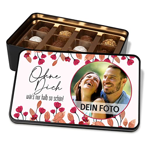 Foto-Geschenke Pralinendose „Ohne Dich wär’s halb so schön!“ – mit Bild personalisiert – Metalldose mit 12 Confiserie-Pralinen Valentinstag Geburtstag Weihnachten von True Statements