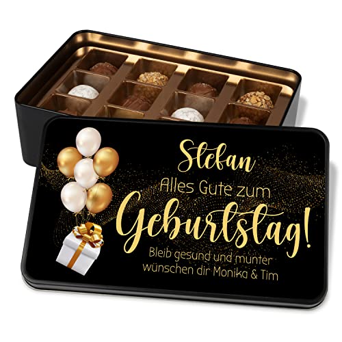 Pralinendose personalisiert „Alles Gute zum Geburtstag“ – moderne Geburtstagskarte mit Schokolade – Metalldose mit 12 Confiserie-Pralinen – Geburtstagsgeschenk für Frau & Mann von True Statements