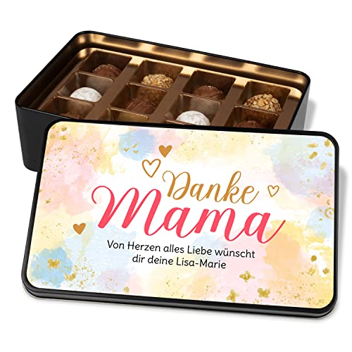 Pralinendose personalisiert „Danke Mama“ – mit Wunschtext 2zeilig - Metalldose mit 12 Pralinen – Schokolade Geschenk für Mama - Geschenkidee für Mutter zum Geburtstag & Muttertag und Weihnachten von True Statements