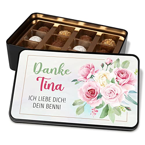 Pralinendose personalisiert „Danke WUNSCHNAME“ – mit Wunschtext 2zeilig - Metalldose mit 12 Pralinen – Dankeschön Schokolade Geschenk für Kollegen - Geschenkidee | Geburtstag Muttertag Weihnachten von True Statements