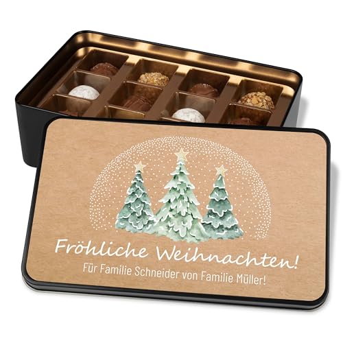 Pralinendose personalisiert „Fröhliche Weihnachten!“ – 12 Confiserie-Pralinen in Metalldose – moderne Weihnachtskarte mit Schokolade - Geschenk für Freunde & Familie (Tannenbäume) von True Statements