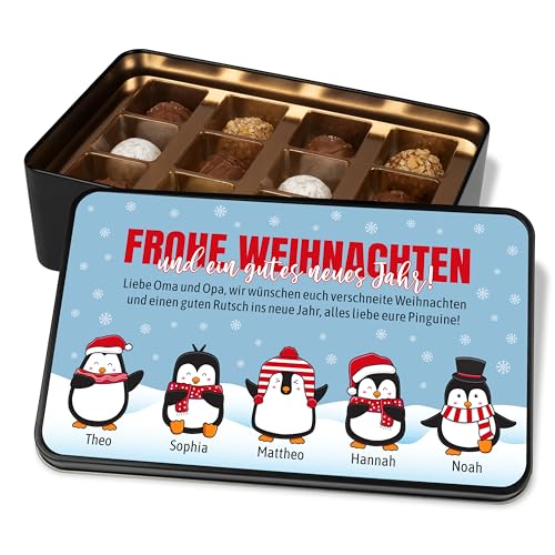 Pralinendose personalisiert „Frohe Weihnachten“ - 12 Confiserie-Pralinen in Metalldose - Pinguinen-Motiv anpassbar, mit Wunschtext & Namen – Schokolade Geschenk für Freunde & Familie von True Statements