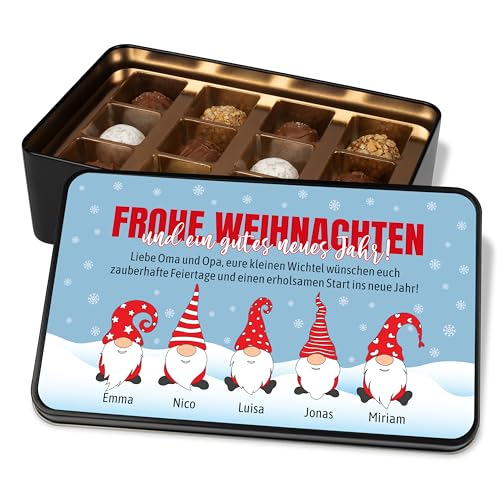 Pralinendose personalisiert „Frohe Weihnachten“ - 12 Confiserie-Pralinen in Metalldose - Wichtel-Motiv anpassbar, mit Wunschtext & Namen – Schokolade Geschenk für Freunde & Familie von True Statements