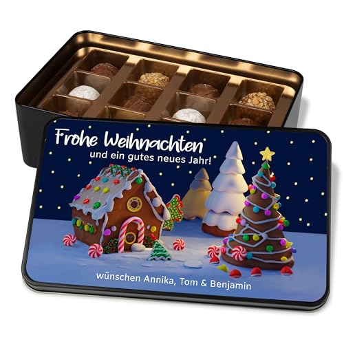 Pralinendose personalisiert „Frohe Weihnachten“ 3D Lebkuchenhaus - 12 Confiserie-Pralinen in Geschenkdose – Geschenk Weihnachten Schokolade Geschenkidee Wichteln von True Statements