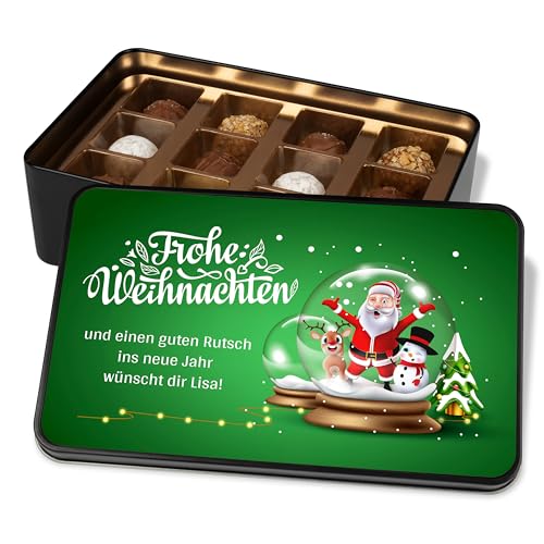 Pralinendose personalisiert „Frohe Weihnachten“ mit Schneekugel-Motiv - 12 Confiserie-Pralinen in Metalldose – Schokolade Geschenk zum Weihnachtsfest Pralinendose personalisiert „Frohe Weihnachten“ mit Schneekugel-Motiv - 12 Confiserie-Pralinen in Metalldose – Schokolade Geschenk zum Weihnachtsfest von True Statements