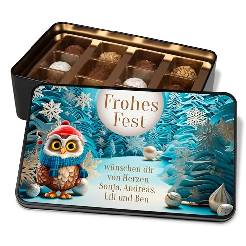 Pralinendose personalisiert „Frohes Fest“ – mit 3D Motiv - 12 Confiserie-Pralinen in Metalldose – Schokolade Geschenk zu Weihnachten (Eule) von True Statements