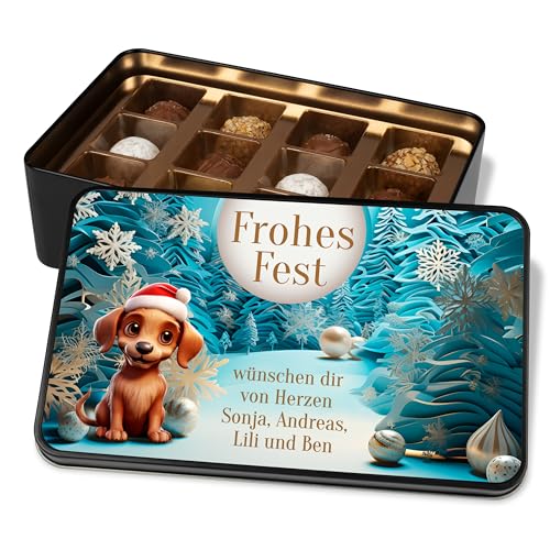 Pralinendose personalisiert „Frohes Fest“ – mit 3D Motiv - 12 Confiserie-Pralinen in Metalldose – Schokolade Geschenk zu Weihnachten (Hund) von True Statements
