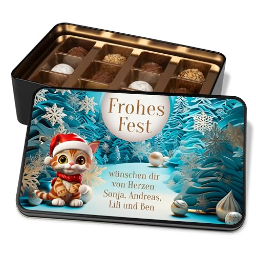 Pralinendose personalisiert „Frohes Fest“ – mit 3D Motiv - 12 Confiserie-Pralinen in Metalldose – Schokolade Geschenk zu Weihnachten (Katze) von True Statements