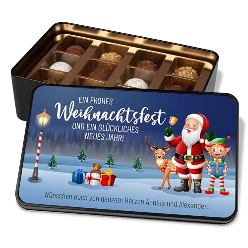 Pralinendose personalisiert „Frohes Weihnachtsfest und glückliches neues Jahr“ – 12 Confiserie-Pralinen in Metalldose – Schokolade - Geschenk für Freunde & Familie von True Statements