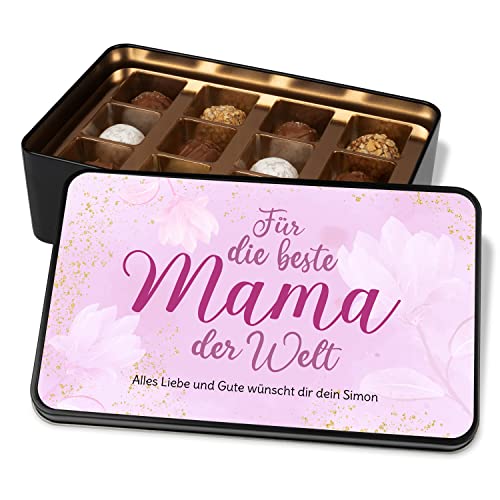 Pralinendose personalisiert „Für die beste Mama der Welt“ – mit Wunschtext - Metalldose mit 12 Pralinen – Schokolade Geschenk für Mama - Geschenkidee für Mutter zum Geburtstag & Muttertag Weihnachten von True Statements