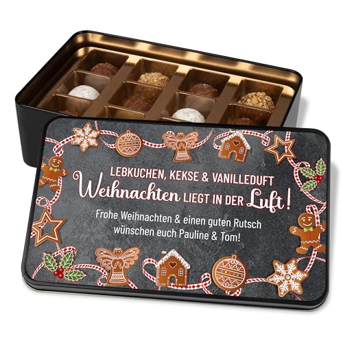 Pralinendose personalisiert „Lebkuchen, Kekse & Vanilleduft – Weihnachten liegt in der Luft!“ - 12 Confiserie-Pralinen in Metalldose – Schoko Weihnachtskarte als Geschenk von True Statements