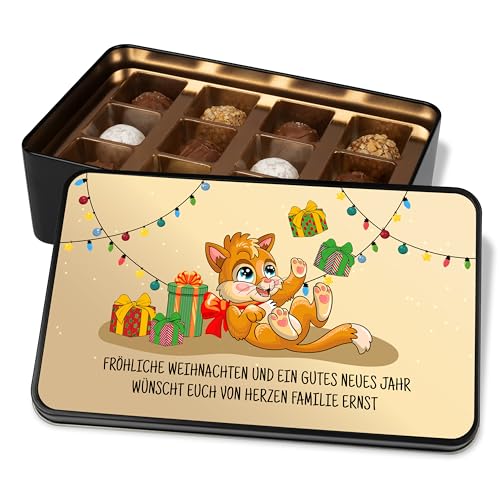 Pralinendose personalisiert „Lichterketten“ - 12 Confiserie-Pralinen in Metalldose - mit Wunschtext selbst gestalten – Weihnachtskarte mit Schokolade Geschenk zu Weihnachten (Katze) von True Statements