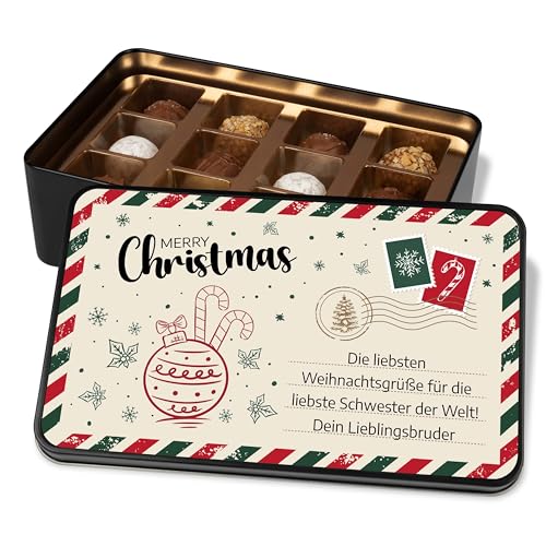 Pralinendose personalisiert „Merry Christmas Weihnachtspost“ - 12 Confiserie-Pralinen in Metalldose - Wunschtext selbst gestalten – Schokolade Geschenk Weihnachten (Christbaumkugel) von True Statements