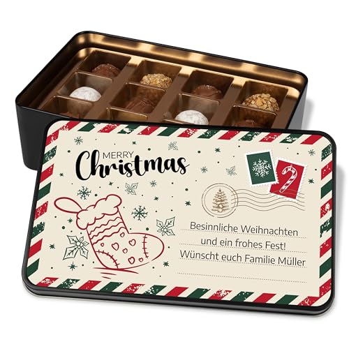 Pralinendose personalisiert „Merry Christmas Weihnachtspost“ - 12 Confiserie-Pralinen in Metalldose - Wunschtext selbst gestalten – Schokolade Geschenk für Freunde & Familie (Socke) von True Statements