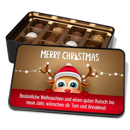 Pralinendose personalisiert „Merry Christmas“ – mit Rentier-Motiv - 12 Confiserie-Pralinen in Metalldose - mit Wunschtext selbst gestalten – Schokolade Geschenk für Freunde & Familie von True Statements