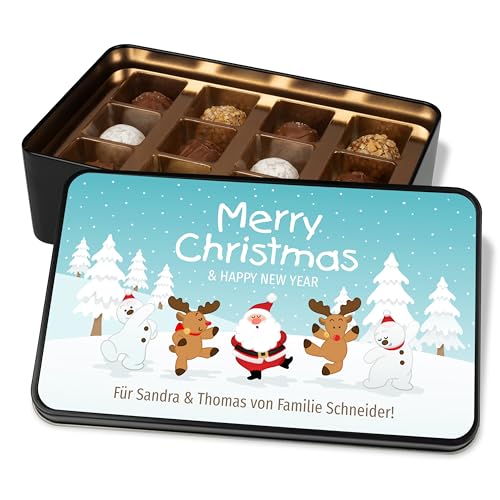 Pralinendose personalisiert „Merry Christmas & Happy New Year“ mit Winterlandschaft-Motiv - 12 Confiserie-Pralinen in Metalldose – Schokolade Geschenk zu Weihnachten (Blau) von True Statements