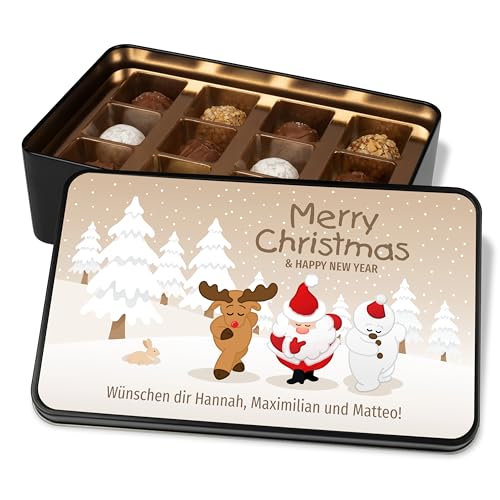 Pralinendose personalisiert „Merry Christmas & Happy New Year“ mit Winterlandschaft-Motiv - 12 Confiserie-Pralinen in Metalldose – Schokolade Geschenk zu Weihnachten (Braun) von True Statements