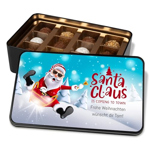 Pralinendose personalisiert „Santa Claus is coming to town“ - 12 Confiserie-Pralinen in Metalldose – Schokolade Geschenk zu Weihnachten von True Statements