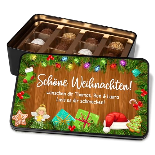 Pralinendose personalisiert „Schöne Weihnachten! Mit Tannenzweigen-Motiv“ - Geschenkdose mit 12 Confiserie-Pralinen Schokolade Geschenk zu Weihnachten für Freunde & Familie von True Statements