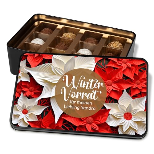 Pralinendose personalisiert „Wintervorrat“ – mit 3D Blumen-Motiv - 12 Confiserie-Pralinen in Metalldose – Schokolade Geschenk zu Weihnachten (Rot-Weiß) von True Statements
