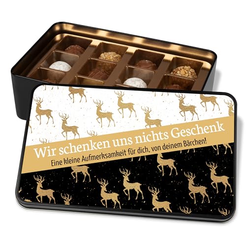 Pralinendose personalisiert „Wir schenken uns nichts Geschenk“ - 12 Confiserie-Pralinen in Metalldose - mit Wunschtext – Schokolade Geschenk für Freunde & Familie (Rentiere) von True Statements