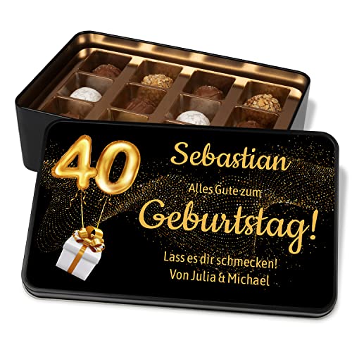 Pralinendose personalisiert mit Jahreszahlen, Namen & Wunschtext „Alles Gute zum Geburtstag“ – moderne Geburtstagskarte mit Schokolade als Geschenk – Metalldose mit 12 Pralinen von True Statements