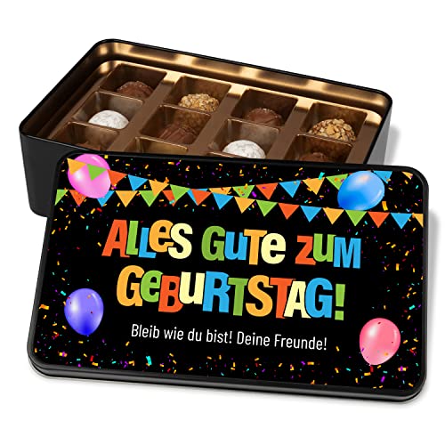 Pralinendose personalisiert mit Wunschtext „Alles Gute zum Geburtstag“ – mit Konfetti-Motiv - moderne Geburtstagskarte mit Schokolade – Metalldose mit 12 Pralinen – Geschenk von True Statements