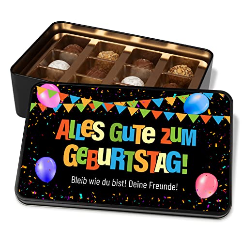 Pralinendose personalisiert mit Wunschtext „Alles Gute zum Geburtstag“ – mit Konfetti-Motiv - moderne Geburtstagskarte mit Schokolade – Metalldose mit 12 Pralinen – Geschenk Pralinendose personalisiert mit Wunschtext „Alles Gute zum Geburtstag“ – mit Konfetti-Motiv - moderne Geburtstagskarte mit Schokolade – Metalldose mit 12 Pralinen – Geschenk von True Statements