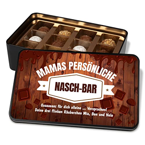 Pralinendose personalisiert mit Wunschtext „Mamas persönliche Nasch-Bar“ – Schokoladen Geschenkidee – Metalldose mit 12 Pralinen – Geschenke Muttertag Vatertag Weihnachten (Mamas) von True Statements
