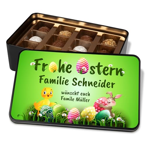 Pralinendose personalisiert mit Namen & Wunschtext „Frohe Ostern“ – Schokolade Ostergrüße - Osterküken & Osterhasen – Metalldose mit 12 Confiserie-Pralinen - Ostergeschenke von True Statements