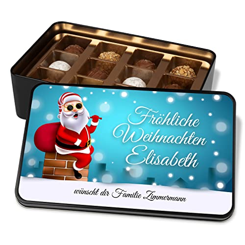 Pralinendose zu Weihnachten - personalisiert mit Namen und Wunschtext „Fröhliche Weihnachten“ – Metalldose mit 12 Confiserie-Pralinen – Geschenke für Freunde Familie (Weihnachtsmann) von True Statements