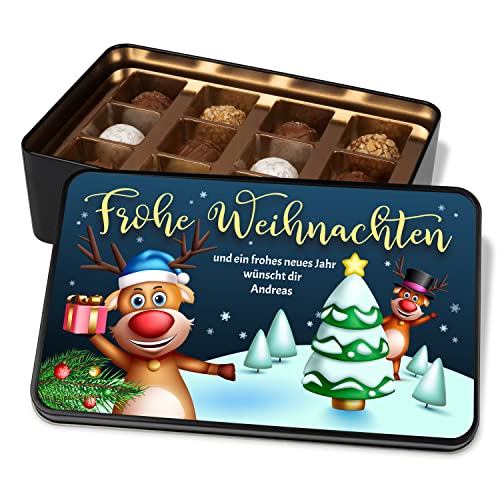 Pralinendose zu Weihnachten - personalisiert mit Namen und Wunschtext „Frohe Weihnachten“ – Metalldose mit 12 Confiserie-Pralinen – Geschenke für Familien & Freunde (Rentier) von True Statements