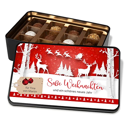 Pralinendose zu Weihnachten: „Süße Weihnachten“ - mit Namen personalisiert – Metalldose mit 12 Confiserie-Pralinen – Geschenke für Freunde & Familie (Winterwald) von True Statements