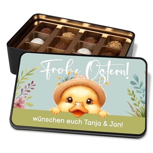 Schoko-Geschenk zu Ostern: Pralinendose personalisiert „Frohe Ostern“ – Osterentlein – Ostergrüße Ostergeschenke – Metalldose mit 12 Confiserie-Pralinen von True Statements