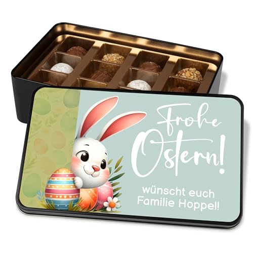 Schoko-Geschenk zu Ostern: Pralinendose personalisiert „Frohe Ostern!“ – Osterhase, Ostereier – Ostergrüße Ostergeschenke – Metalldose mit 12 Confiserie-Pralinen von True Statements