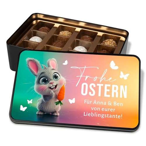 Personalisierte Schokolade zu Ostern - Dein Ostergeschenk „Frohe Ostern!“ – Osterhase mit Möhrchen – Geschenkdose mit 12 Confiserie-Pralinen von True Statements