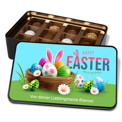 Schoko Ostergeschenk: Pralinendose personalisiert „Happy Easter“ – bunte Ostereier – Ostergrüße Geschenk zu Ostern – Metalldose mit 12 Confiserie-Pralinen von True Statements