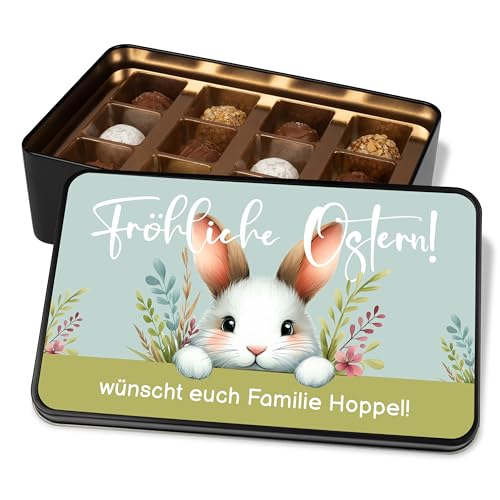 Schokolade Geschenk zu Ostern: Pralinendose personalisiert „Fröhliche Ostern“ – Osterhase – Ostergrüße Ostergeschenke – Metalldose mit 12 Confiserie-Pralinen von True Statements