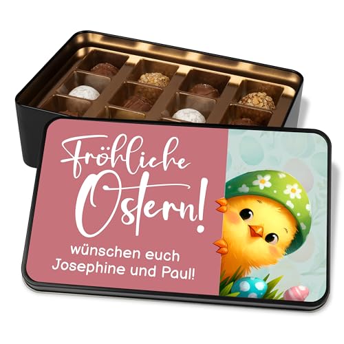 Schokolade Geschenk zu Ostern: Pralinendose personalisiert „Fröhliche Ostern“ – Osterküken – Ostergrüße Ostergeschenke – Metalldose mit 12 Confiserie-Pralinen von True Statements
