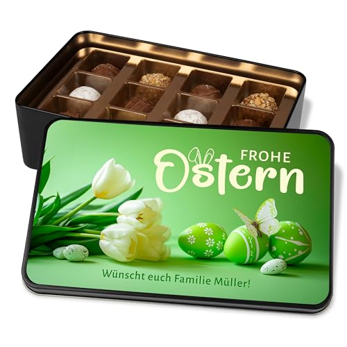 Süße Ostergrüße Pralinendose personalisiert „Frohe Ostern“ – Geschenk zu Ostern - Ostergeschenke Ostereier & Tulpen - Schokolade Geschenk – Metalldose mit 12 Confiserie-Pralinen von True Statements