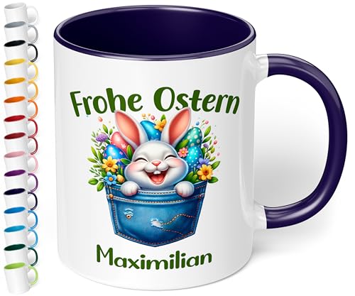 Tasse als Ostergeschenk personalisiert „Frohe Ostern“ Motiv: Osterhase Ostereier – 330ml Keramik Kaffeetasse mit Spruch – kleine Geschenke zu Ostern Easter gift (Kobaltblau) von True Statements