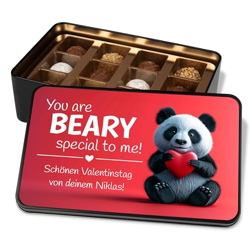Valentine’s day gift for her & him: Schoko Geschenkdose personalisiert „You are BEARY special to me!“ – Panda & Herz - Metalldose mit 12 Confiserie-Pralinen Liebesgeschenk von True Statements