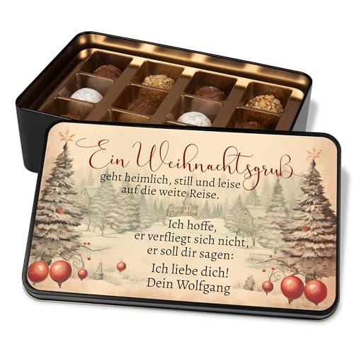 Vintage Pralinendose personalisiert „Ein Weihnachtsgruß geht still und leise“ – 12 Confiserie-Pralinen in Metalldose – moderne Weihnachtskarte mit Schokolade - Geschenk für Freunde & Familie von True Statements