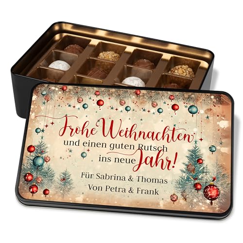 Vintage Pralinendose personalisiert „Frohe Weihnachten und einen guten Rutsch“ – 12 Confiserie-Pralinen in Metalldose – Schokolade Geschenk für Freunde & Familie von True Statements
