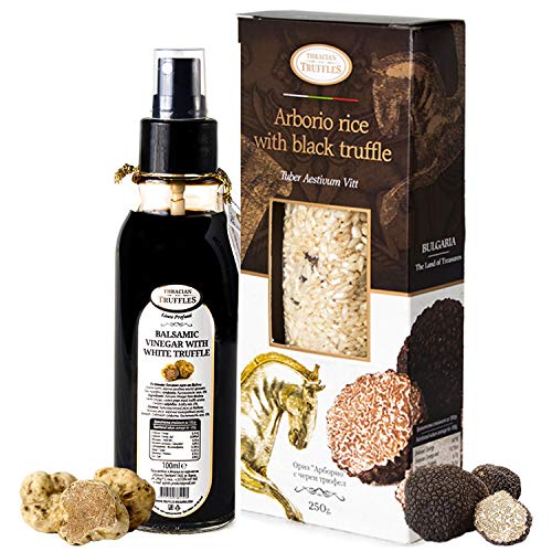 Arborio Risotto Reis mit schwarzer Sommertrüffel Knolle Aestivum Vitt reich an Antioxidantien Fasern 250g und Balsamico Essig von Modena mit weißer Trüffel Knolle Magnatum Pico Salat Spray von Truffles