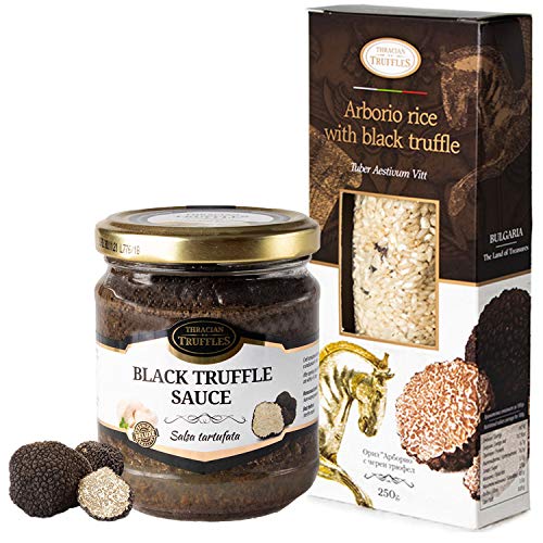 Arborio Risotto Reis mit schwarzer Sommertrüffel Knolle Aestivum Vitt reich an Antioxidantien Fasern 250g und Black Trüffle Luxus Gourmet Food Sauce Pasta Ideal für Steak Brot Pasta Risotto Sushi 80g von Truffles