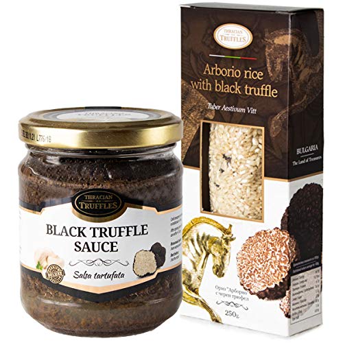 Arborio Risotto Reis mit schwarzer Sommertrüffel Knolle Aestivum Vitt reich an Antioxidantien Fasern 250g und Black Truffle Luxus Gourmet Food Sauce Pasta Ideal für Steak Brot Pasta Risotto Sushi 170g von Truffles