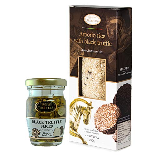 Arborio Risotto Reis mit schwarzer Sommertrüffel Knolle Aestivum Vitt reich an Antioxidantien Fasern 250g und Carpaccio Tartufo Gourmet mit schwarzem Trüffel 70% konserviertes natives Olivenöl 45g von Truffles